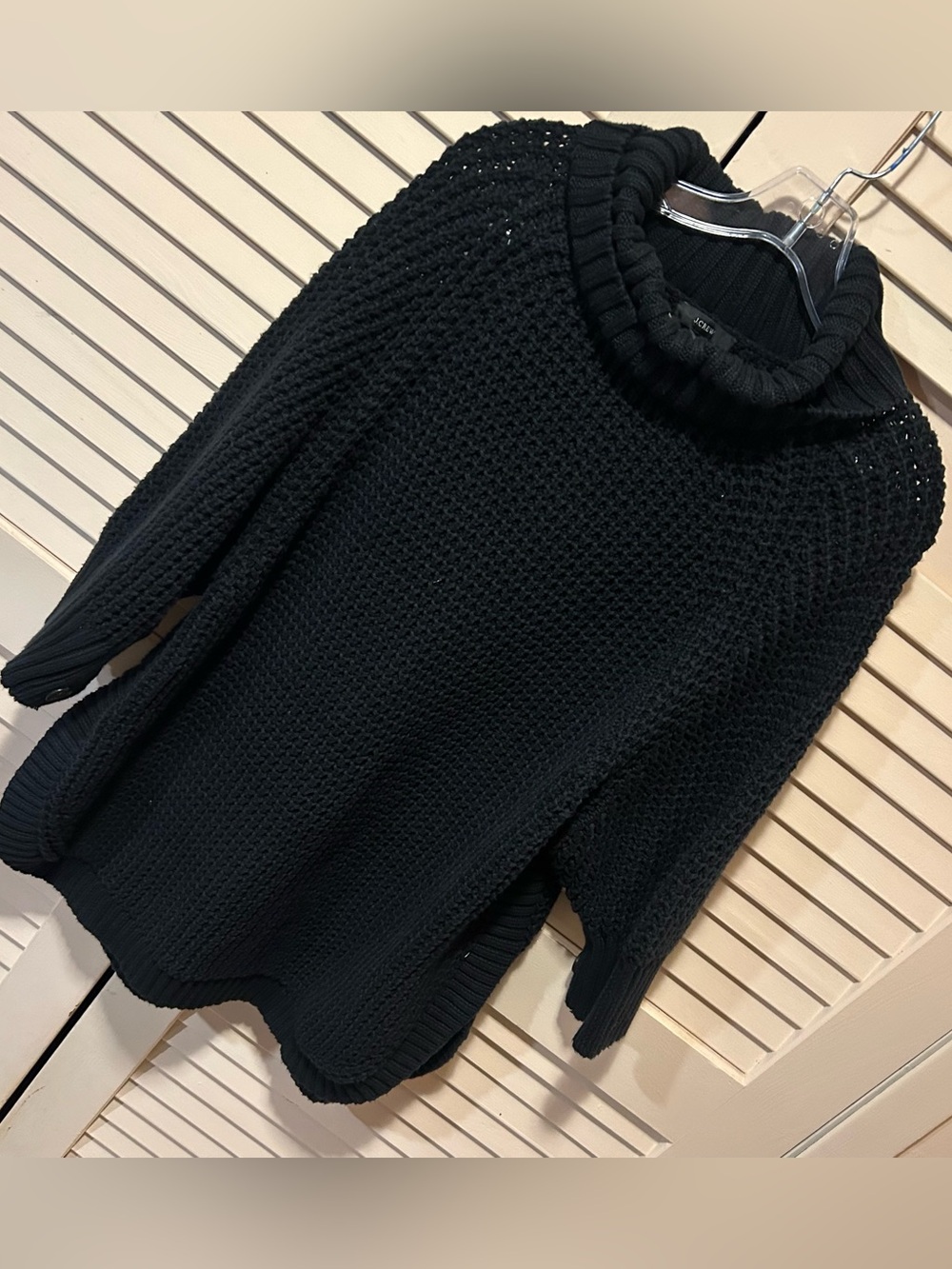 NWT J. Crew L/XL Turtleneck Cotton Poncho Sweater Crochet Knit Black w/ Buttons - Picture 3 of 7